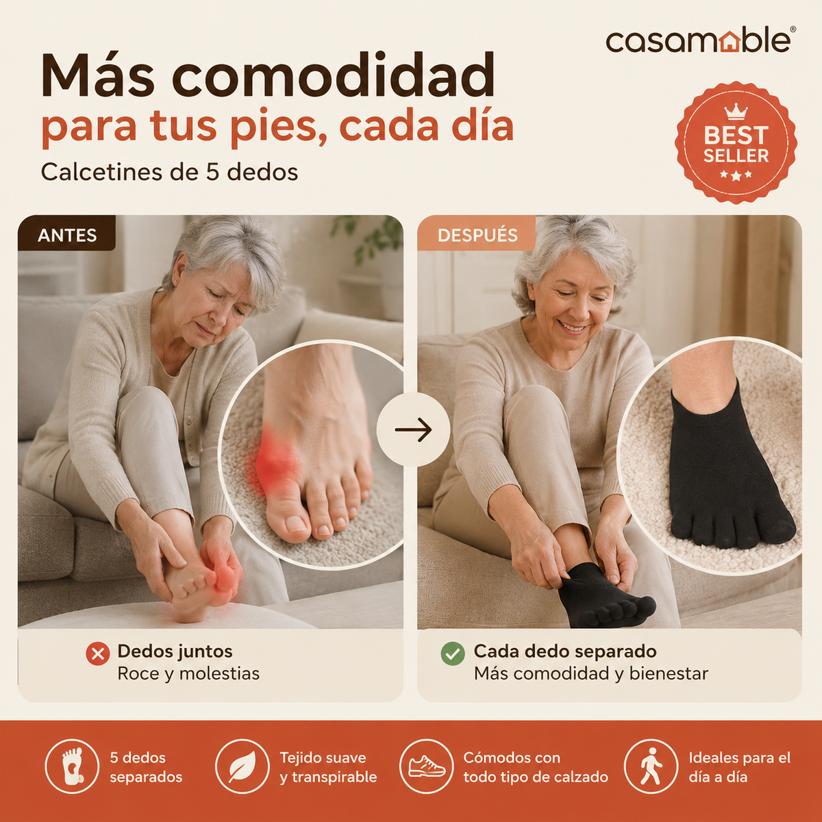 Calcetines de 5 Dedos Casamable™ – Más Comodidad para Juanetes y Dedos que se Rozan