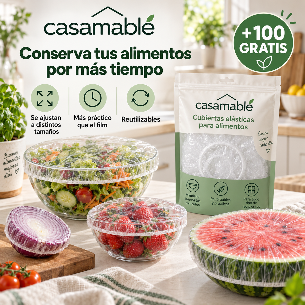 Cubiertas Elásticas Casamable™ – Adiós al Film, Conserva tus Alimentos Fácilmente