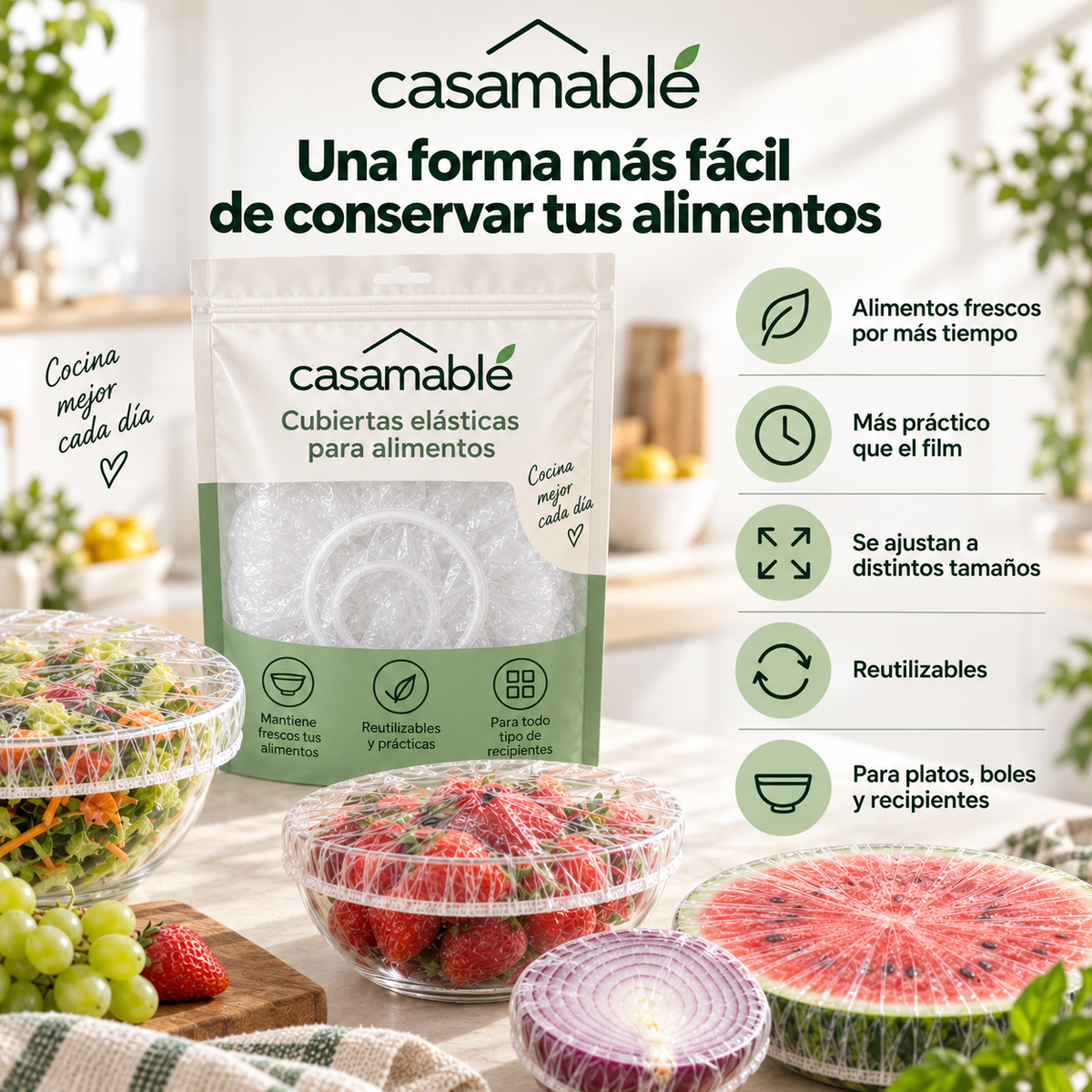 Cubiertas Elásticas Casamable™ – Adiós al Film, Conserva tus Alimentos Fácilmente