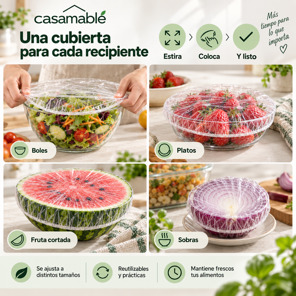 Cubiertas Elásticas Casamable™ – Adiós al Film, Conserva tus Alimentos Fácilmente