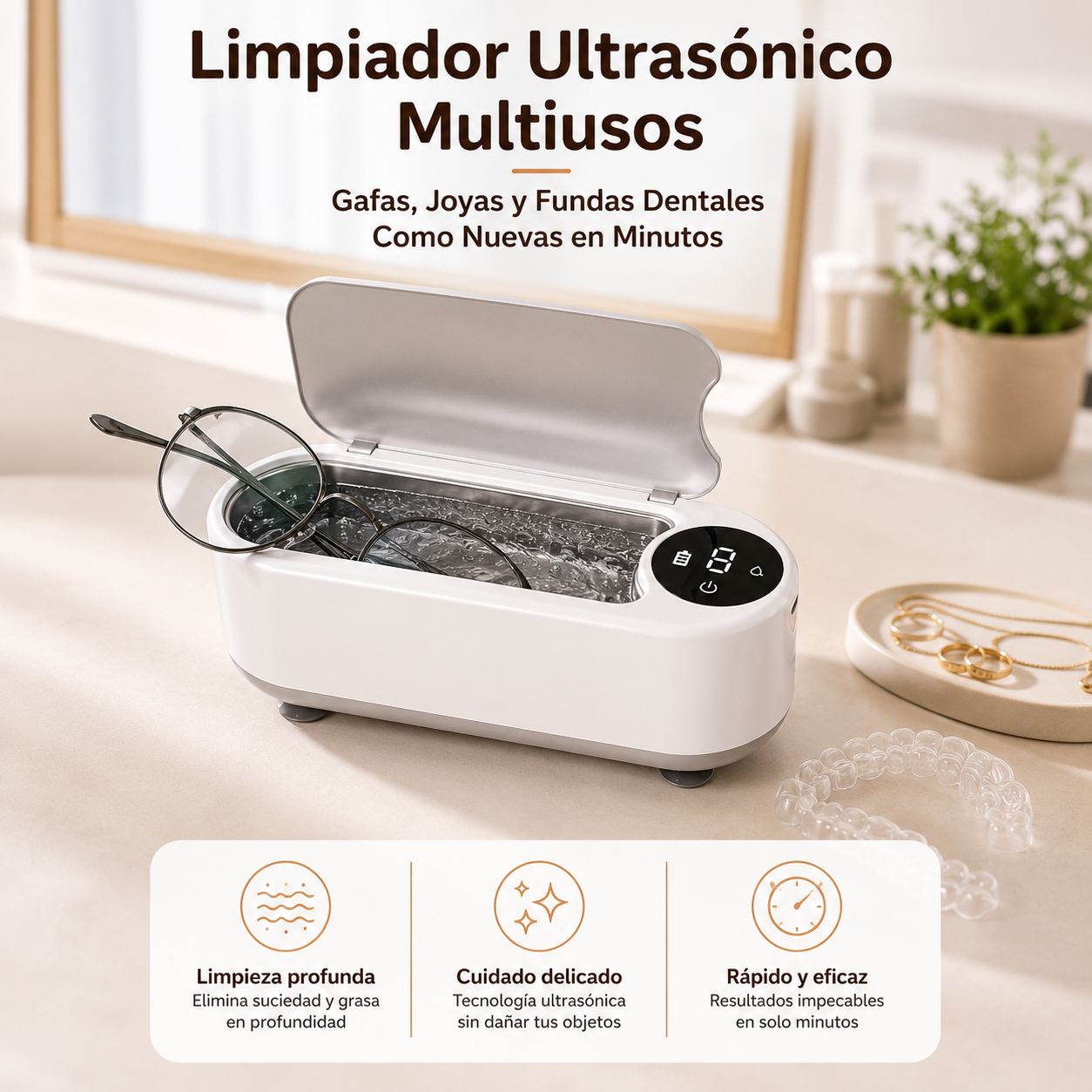 Limpiador Ultrasónico Multiusos — Gafas, Joyas y Fundas Dentales Como Nuevas en Minutos