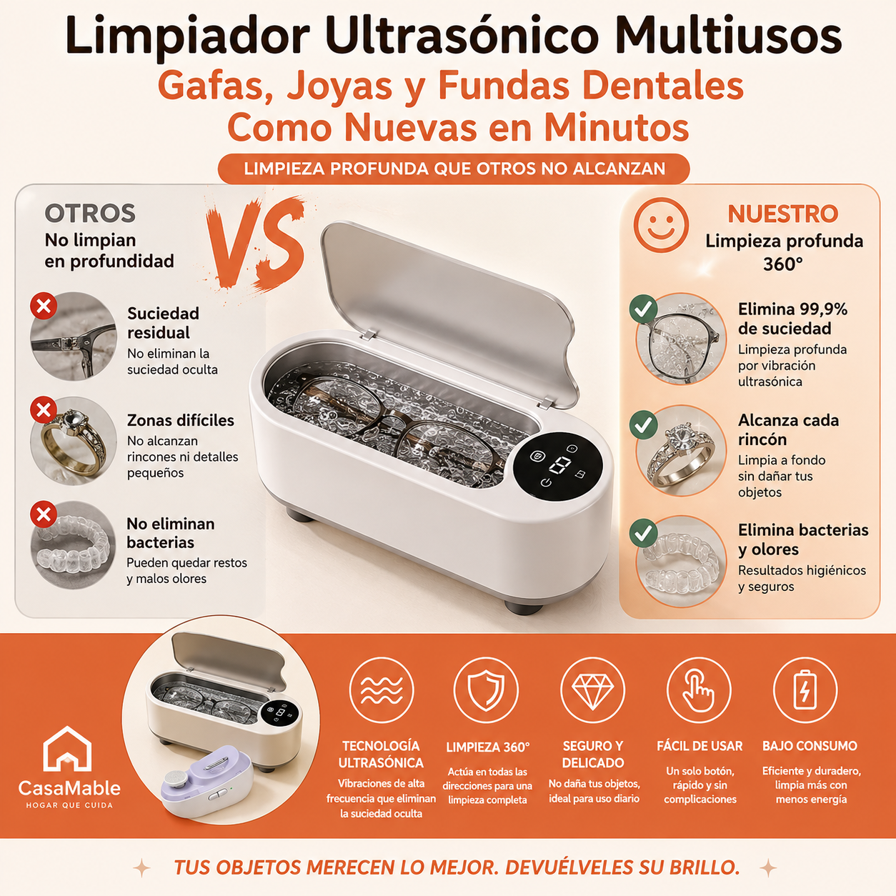 Limpiador Ultrasónico Multiusos — Gafas, Joyas y Fundas Dentales Como Nuevas en Minutos
