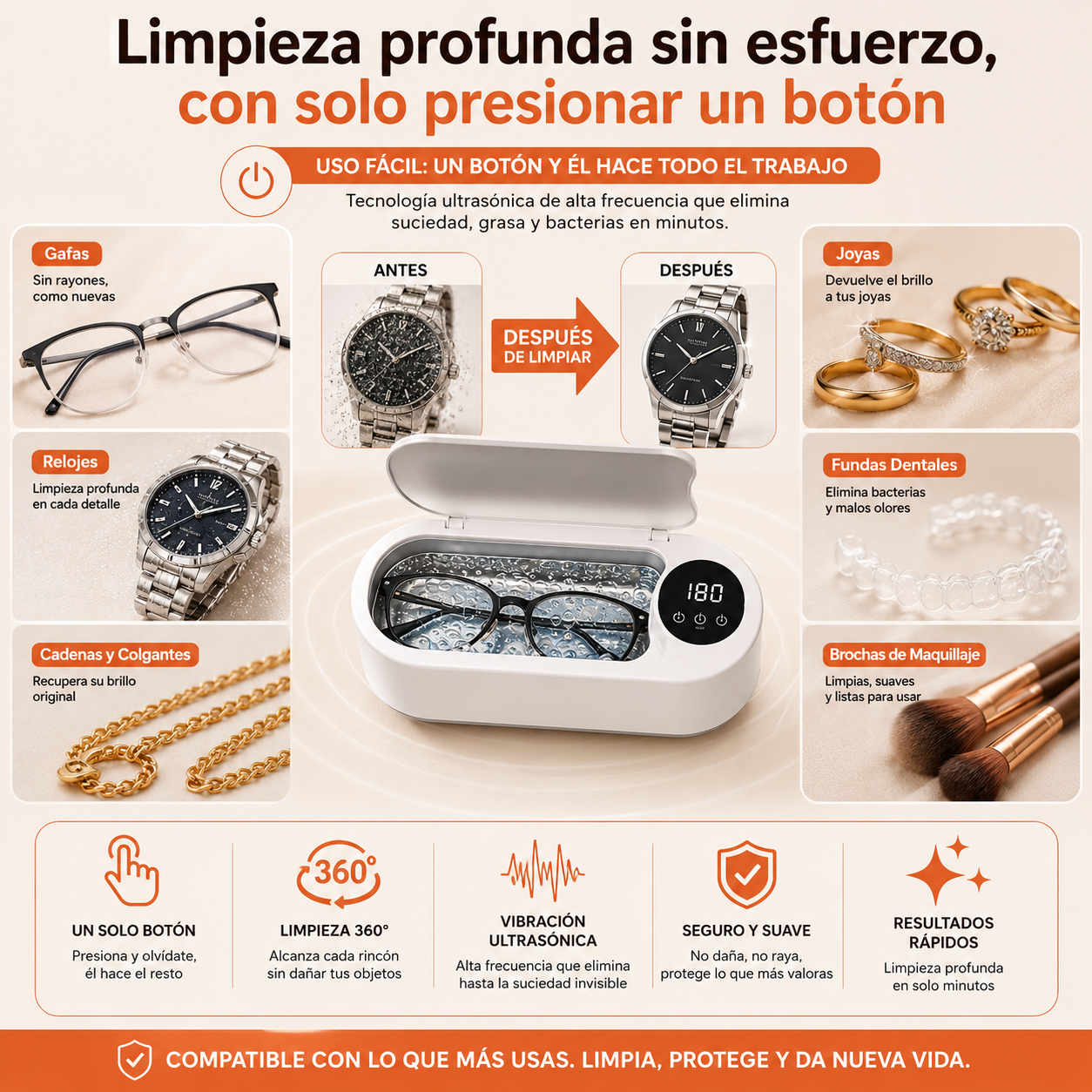 Limpiador Ultrasónico Multiusos — Gafas, Joyas y Fundas Dentales Como Nuevas en Minutos