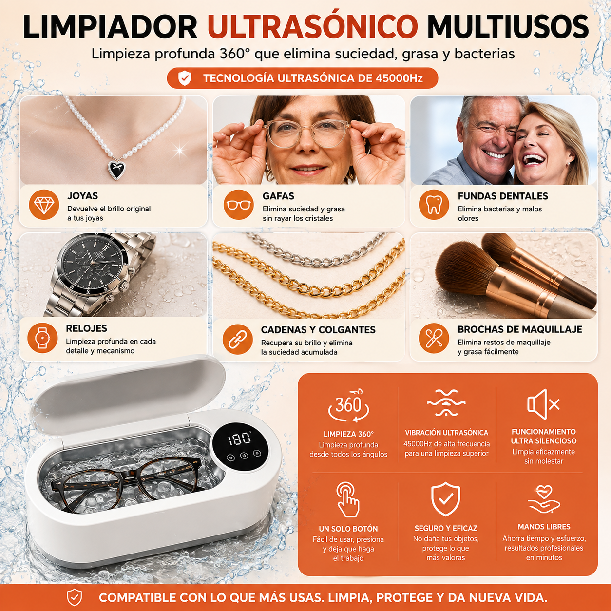 Limpiador Ultrasónico Multiusos — Gafas, Joyas y Fundas Dentales Como Nuevas en Minutos
