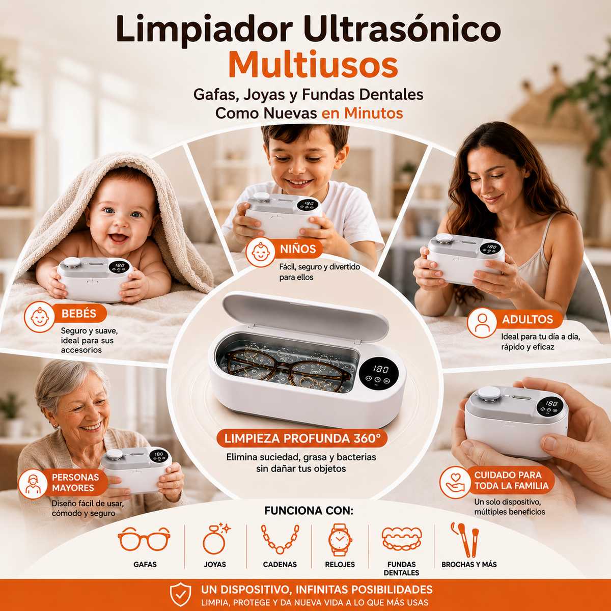Limpiador Ultrasónico Multiusos — Gafas, Joyas y Fundas Dentales Como Nuevas en Minutos
