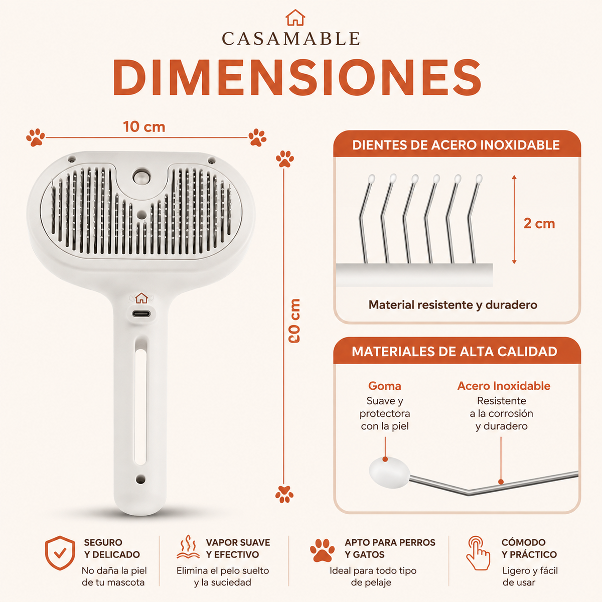 Cepillo de Vapor Antipelo para Perros y Gatos Recargable