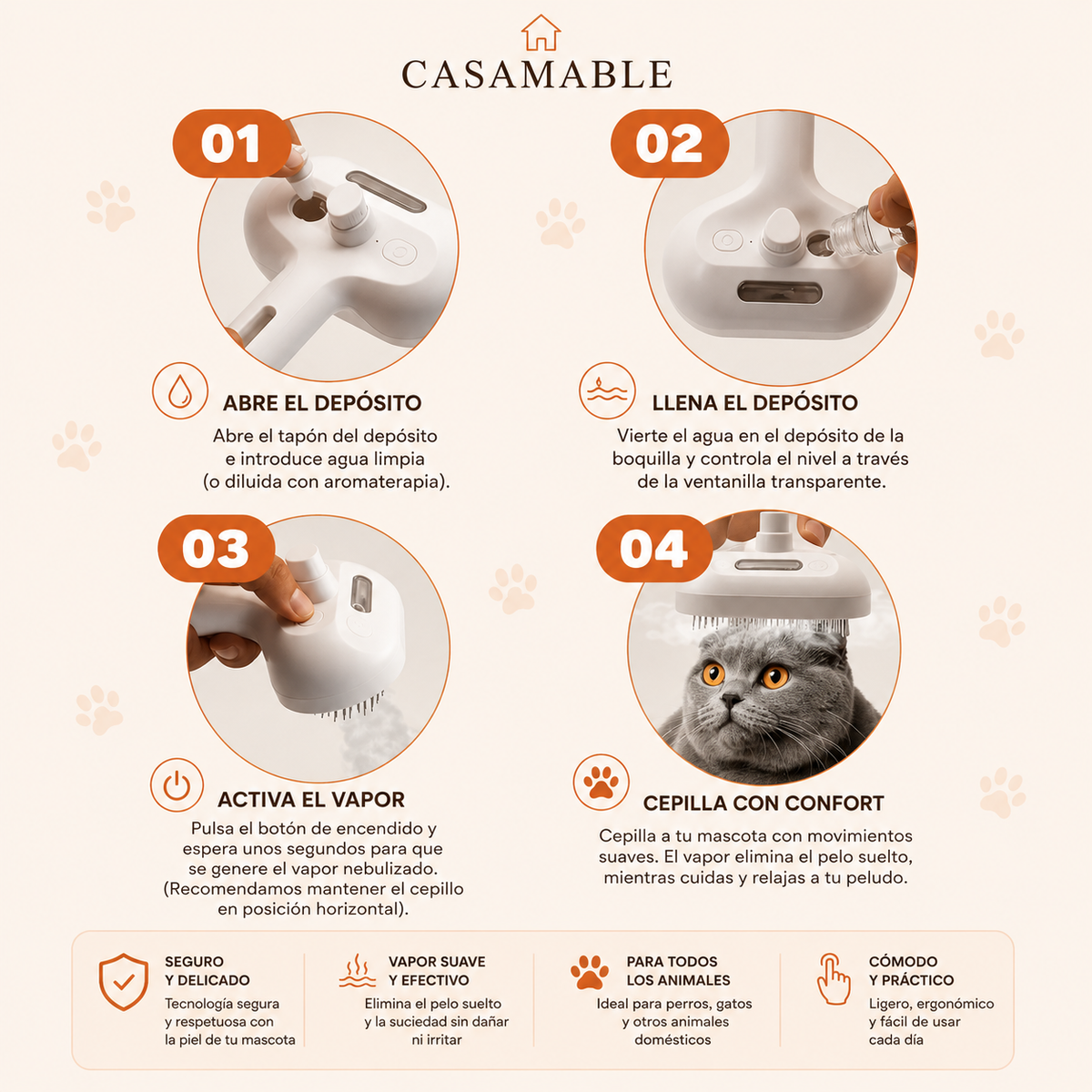 Cepillo de Vapor Antipelo para Perros y Gatos Recargable