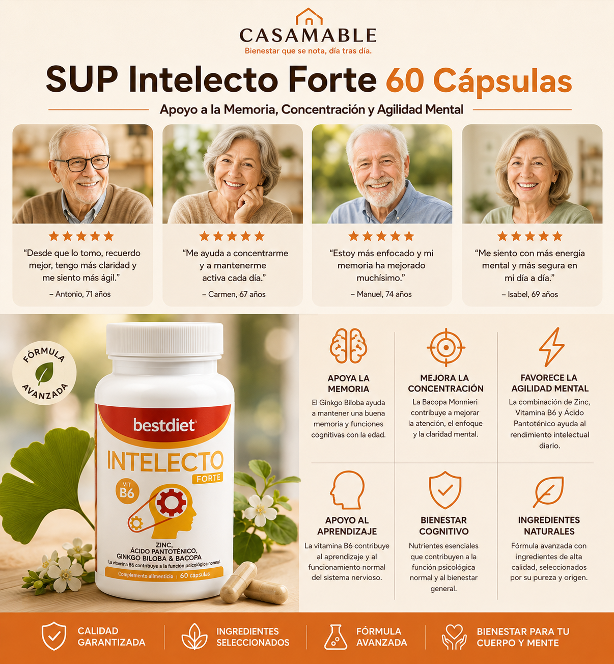 Suplemeto Intelecto Forte 60 Cápsulas – Apoyo a la Memoria, Concentración y Agilidad Mental