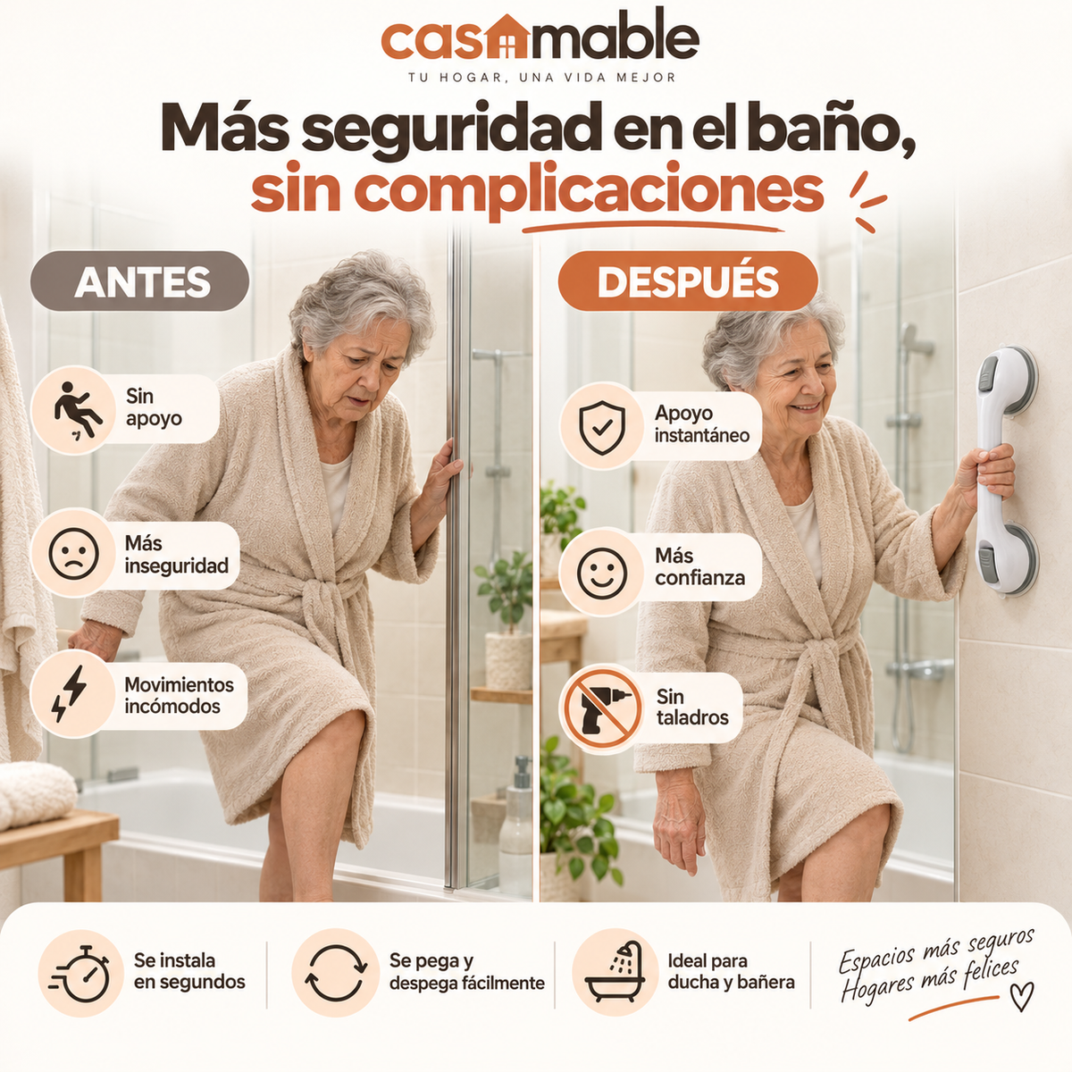 Asidero de Baño Casamable™ – Más Apoyo y Seguridad sin Taladros