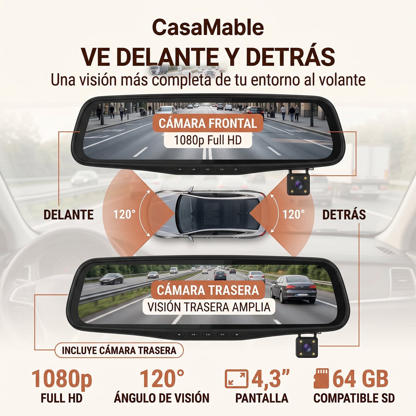 Espejo Retrovisor con Cámara HD 1080p – Grabación Delantera y Trasera