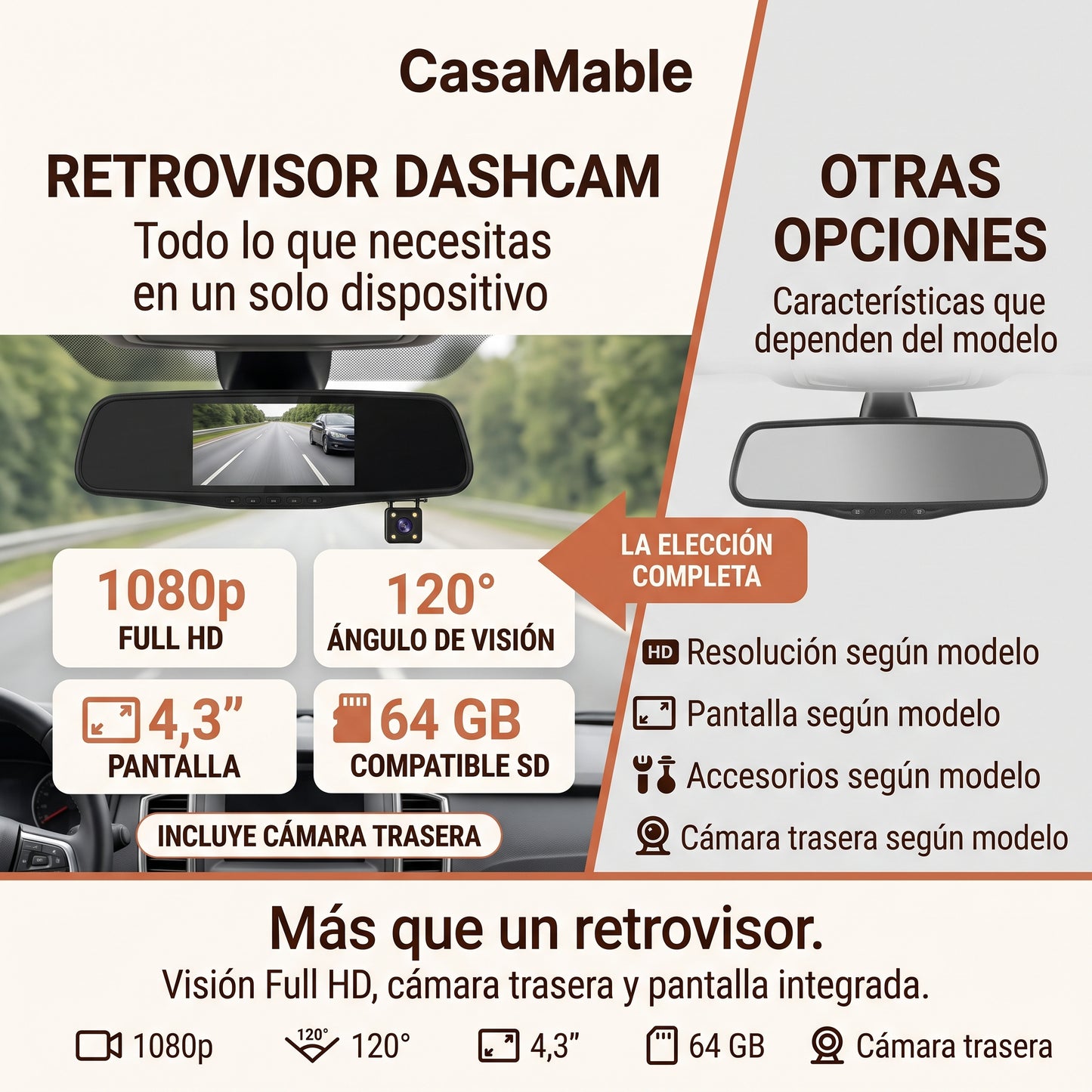 Espejo Retrovisor con Cámara HD 1080p – Grabación Delantera y Trasera