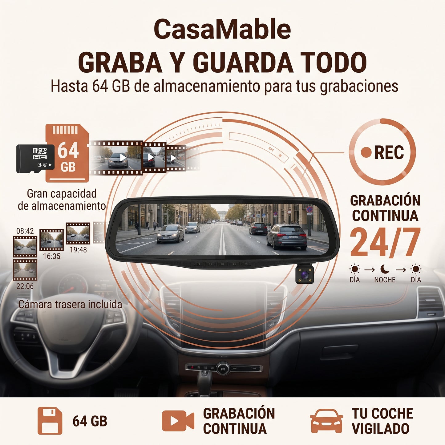 Espejo Retrovisor con Cámara HD 1080p – Grabación Delantera y Trasera