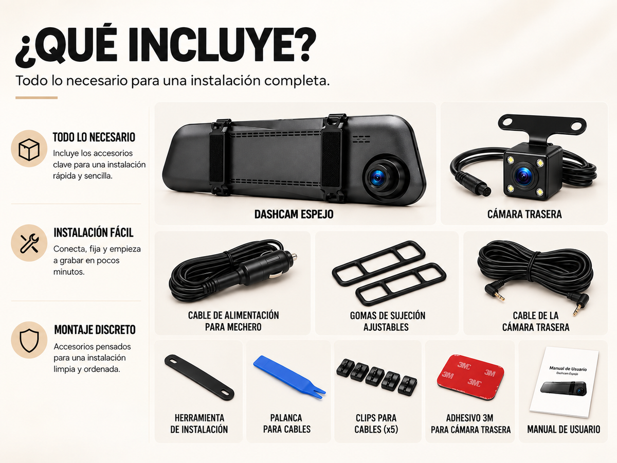 Espejo Retrovisor con Cámara HD 1080p – Grabación Delantera y Trasera